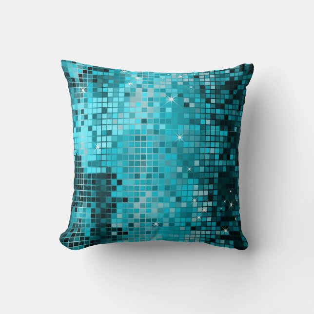Turquoise Sequins Glitter Abstract Pixel Art Throw Pillow (Front)