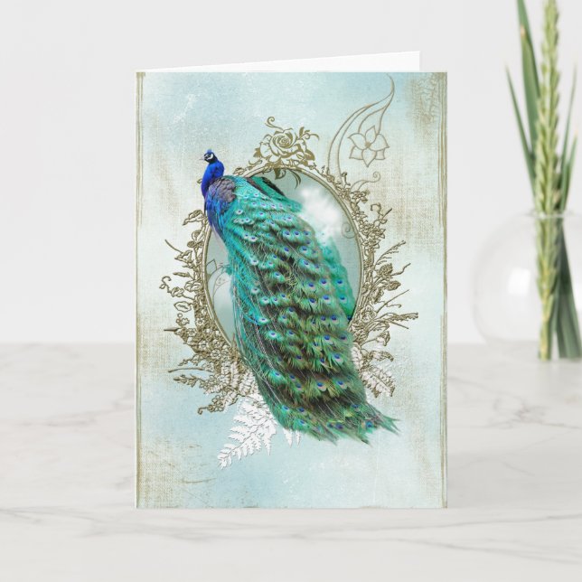 Turquoise Shabby Peacock Holiday Card (Front)