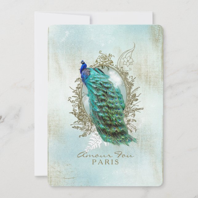 Turquoise Shabby Peacock Invitation (Front)