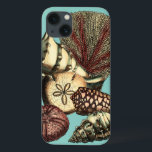 Turquoise Shell and Red Coral Collection iPhone 13 Case<br><div class="desc">Go underwater to explore the sea with all these different sea creatures. This vintage piece of art is a perfect addition to any sea anemone lovers with a vibrant turquoise background and red accents on the seashells. Get your art print today on your product.</div>