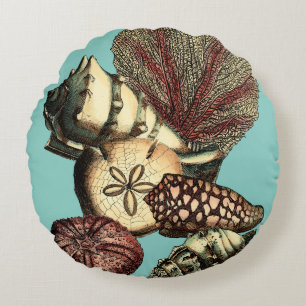Turquoise Shell and Red Coral Collection Round Pillow