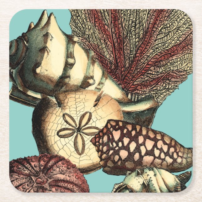 Turquoise Shell and Red Coral Collection Square Paper Coaster (Front)
