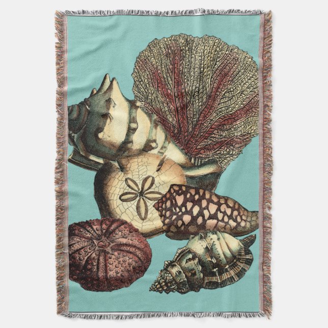 Turquoise Shell and Red Coral Collection Throw Blanket (Front Vertical)