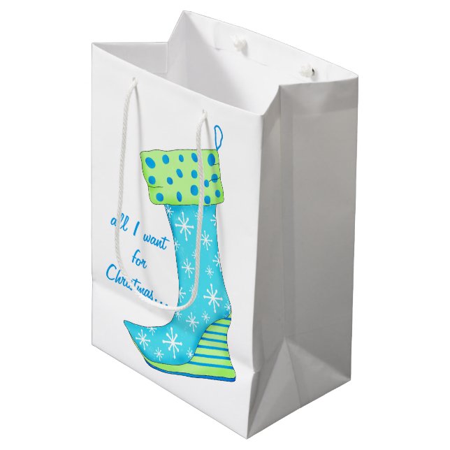 Turquoise Shoe Lover All I Want Christmas Stocking Medium Gift Bag (Front Angled)