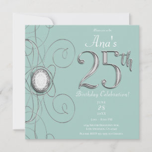Turquoise Silver Diamond 25 25th Birthday Party Invitation