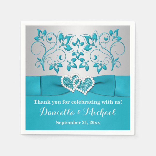 Turquoise, Silver Floral, Hearts Paper Napkins (Front)