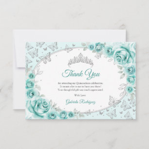 Turquoise Silver  Floral Quinceanera Thank You Card