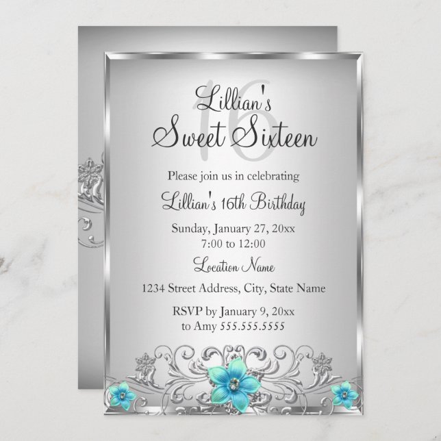 Turquoise Silver Floral Swirl Sweet 16 Invitation (Devant / Derrière)
