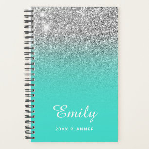 Turquoise Silver Glitter Ombre Personalized Planner