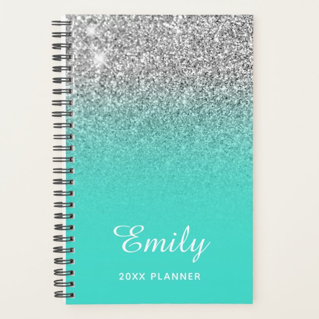 Turquoise Silver Glitter Ombre Personalized Planner (Front)