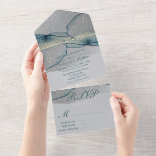 Turquoise Silver Gold Alcohol Ink Wedding  All In One Invitation