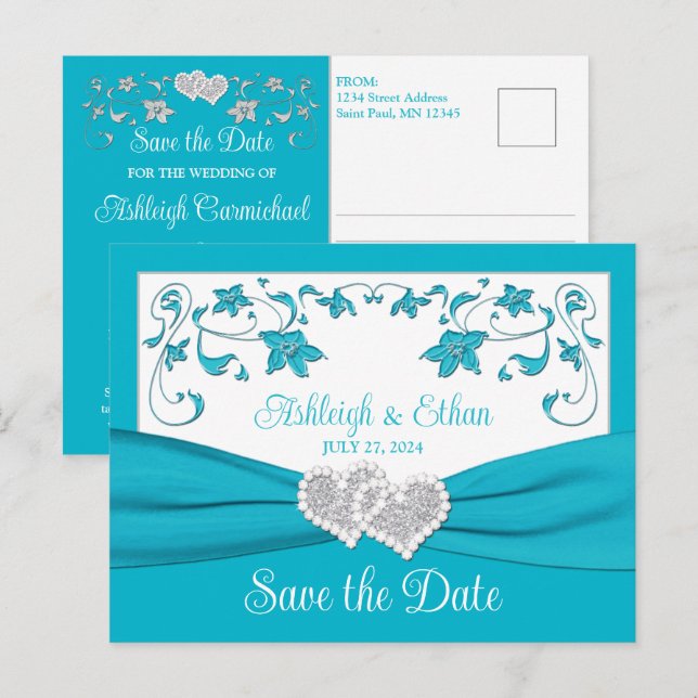 Turquoise, Silver Love Hearts Save the Date Postcard (Front/Back)