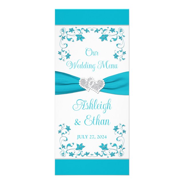 Turquoise, Silver Love Hearts Wedding Menu (Front)