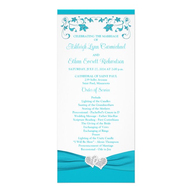 Turquoise, Silver Love Hearts Wedding Program (Front)