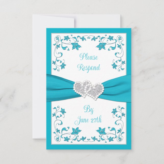 Turquoise, Silver Love Hearts Wedding RSVP Card 2 (Front)