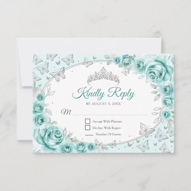 Turquoise Silver Quinceanera Reply RSVP Card (Front)