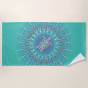 Turquoise Silver Turtle Mandala Beach Towel