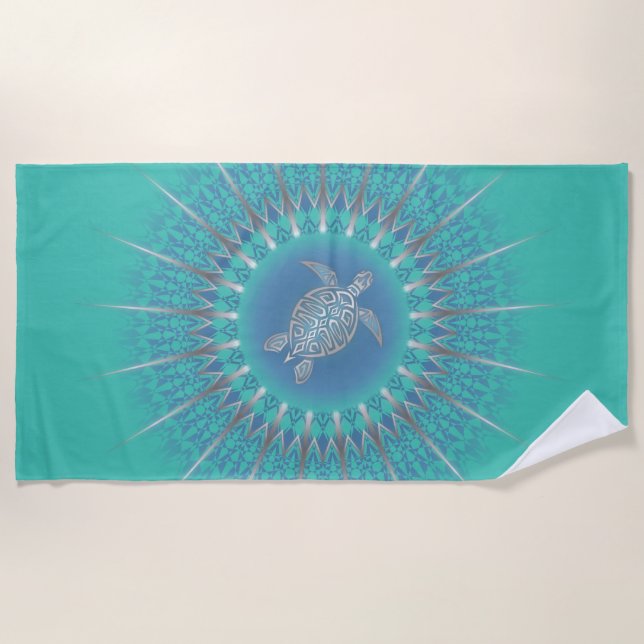 Turquoise Silver Turtle Mandala Beach Towel (Front)