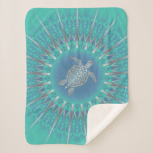 Turquoise Silver Turtle Mandala Sherpa Blanket