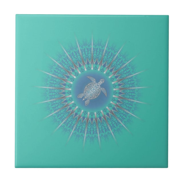 Turquoise Silver Turtle Mandala Tile (Front)