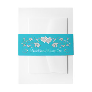 Turquoise, Silver Two Hearts Become One Invitation Belly Band