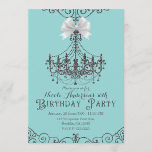 Turquoise Silver White Bow Birthday Party Any Age Invitation