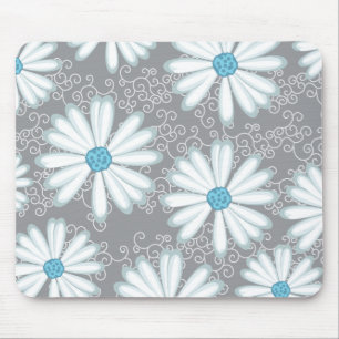 Turquoise Silver White Wild Daisy Floral Pattern Mouse Pad