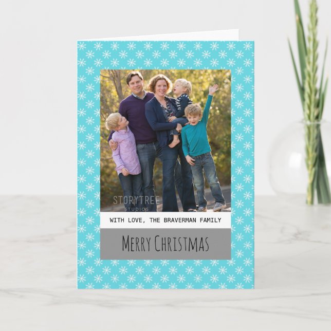 Turquoise Simple Snowflake Holiday Photo Card (Front)