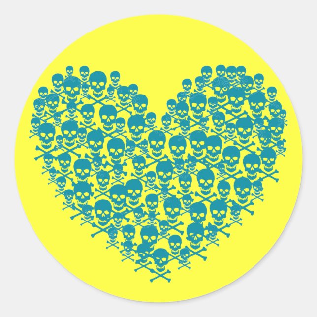 Turquoise Skull Heart Classic Round Sticker (Front)
