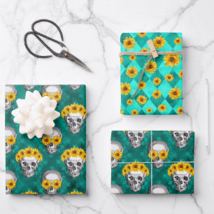 Turquoise Skulls and Sunflower Series Design 10 Wrapping Paper Sheet