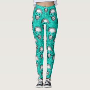Turquoise Skulls and Sunflower Series Design 11  Leggings