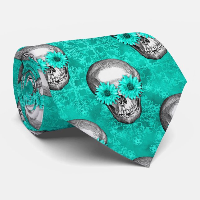 Turquoise Skulls and Sunflower Series Design 11  Tie (Rolled)