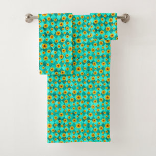 Turquoise Skulls and Sunflower Series Design 2 Bath Towel Set