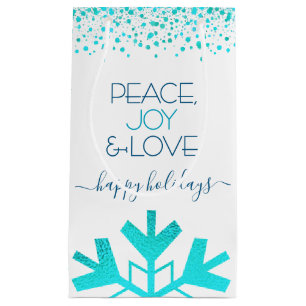 Turquoise Snowflake Peace Joy Love Bold Typography Small Gift Bag