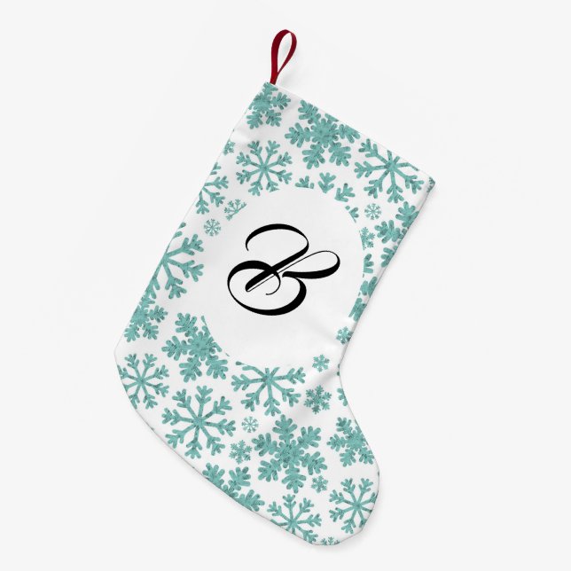 Turquoise snowflakes. Custom with the name. Small Christmas Stocking (Front (Hanging))