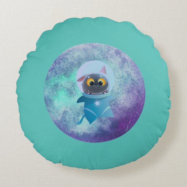 Turquoise Space Cat Round Pillow (Front)