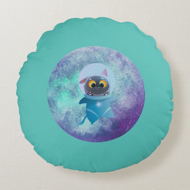 Turquoise Space Cat Round Pillow (Front)