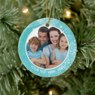 Turquoise Sparkle Bokeh, Two Photo, Two Sided Ceramic Ornament