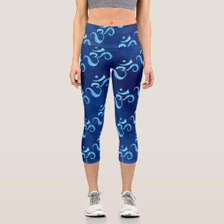 Turquoise Sparkle Om Scattered Blue Tie dye Capri Leggings
