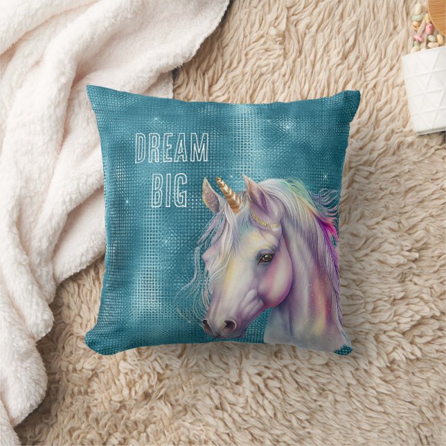 Turquoise Sparkle Unicorn Name Throw Pillow (Blanket)