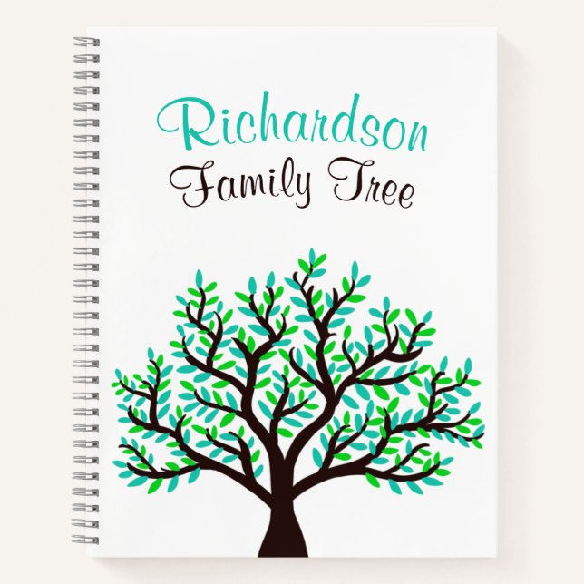 Turquoise Spring Green Leaf Genealogy Family Tree Notebook (Front)