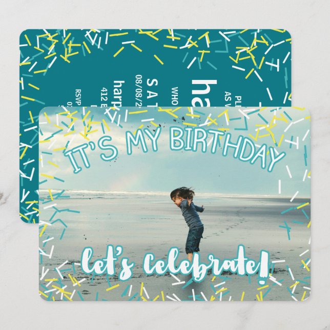 Turquoise Sprinkles | Custom Photo Birthday Party Invitation (Front/Back)