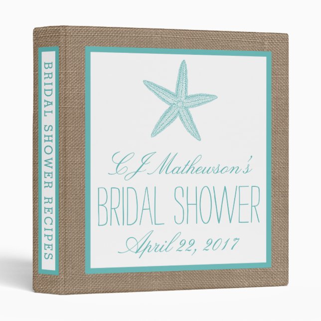 Turquoise Starfish Beach Bridal Shower Recipe Binder (Front/Spine)