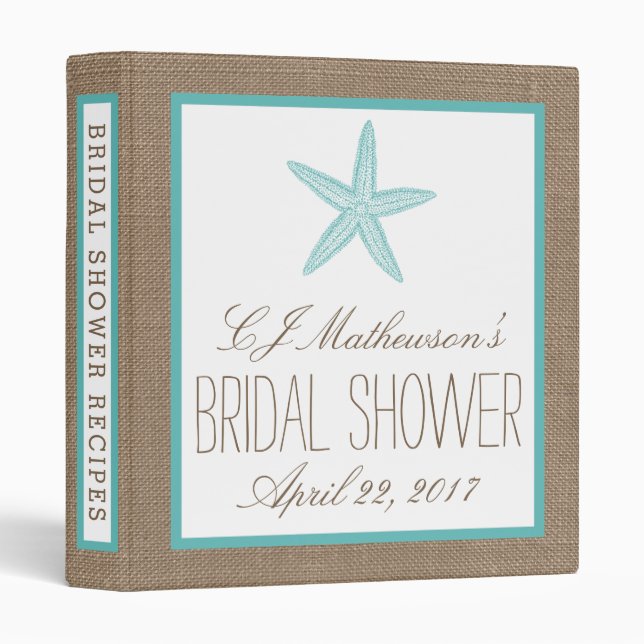 Turquoise Starfish Beach Bridal Shower Recipe Binder (Front/Spine)