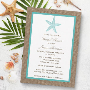 Turquoise Starfish Beach Burlap Bridal Shower Invitation