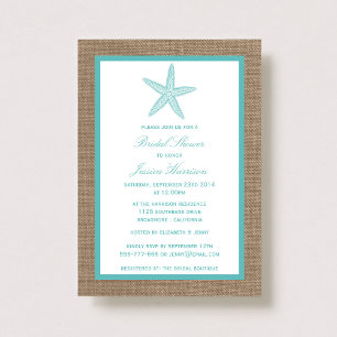 Turquoise Starfish Beach Burlap Bridal Shower Invitation