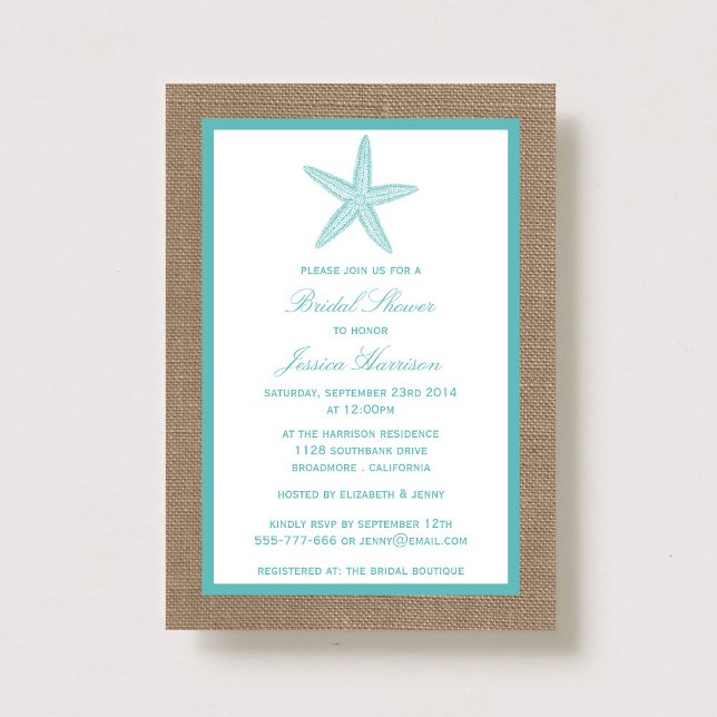 Turquoise Starfish Beach Burlap Bridal Shower Invitation (Creator Uploaded)