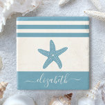 Turquoise starfish beach house script name vintage stone coaster<br><div class="desc">Feel the coastal vibes and relax with your favourite beverage, all while protecting your furniture, with this beautiful, chic, simple, vintage, custom monogram name stone coaster. A graphic, teal blue vintage starfish overlays a white background accented with nautical teal blue stripes. Personalize with your name. Makes a stylish statement every...</div>