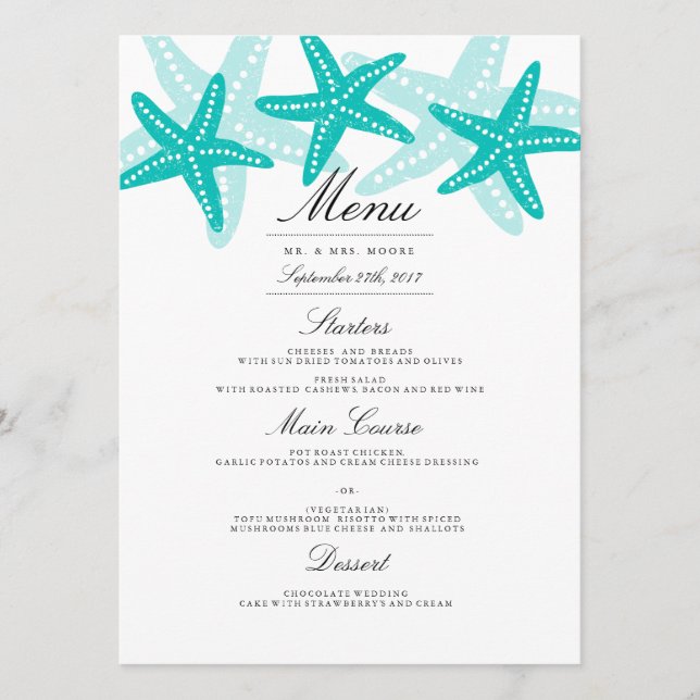 Turquoise Starfish Beach Wedding Dinner Menu (Devant)