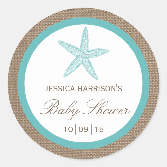 Turquoise Starfish Burlap Beach Baby Shower Classic Round Sticker (Front)